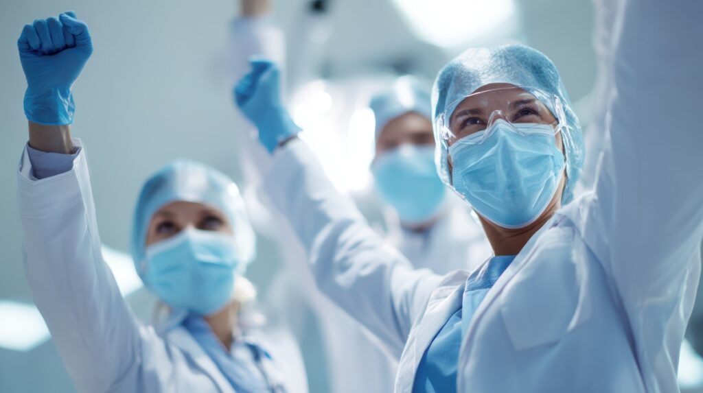 Equipe de cientistas comemorando descoberta em terapia-alvo - avanço científico em oncologia para câncer de mama