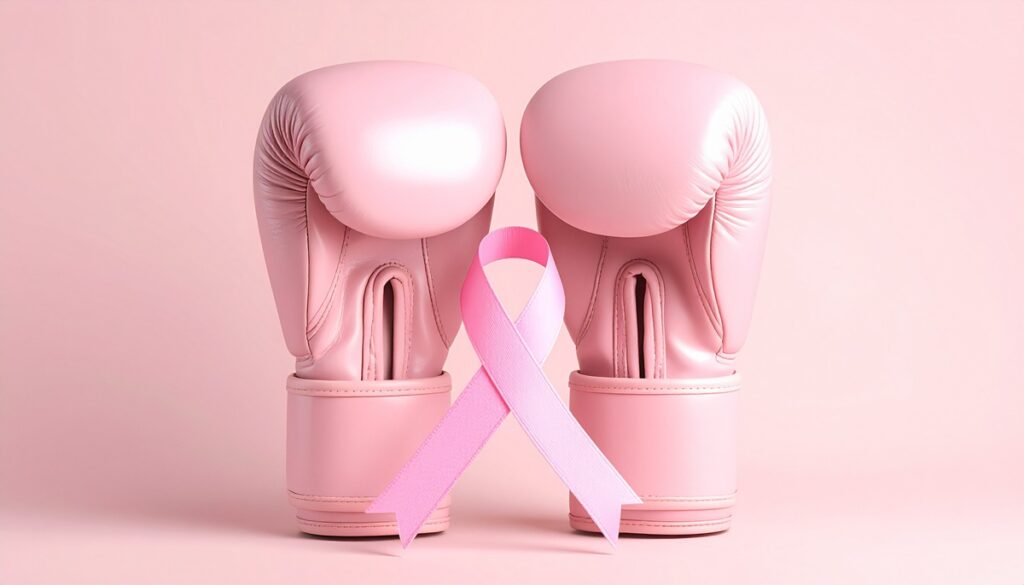 Luvas de boxe rosa com laço de câncer de mama simbolizando luta contra câncer triplo-negativo