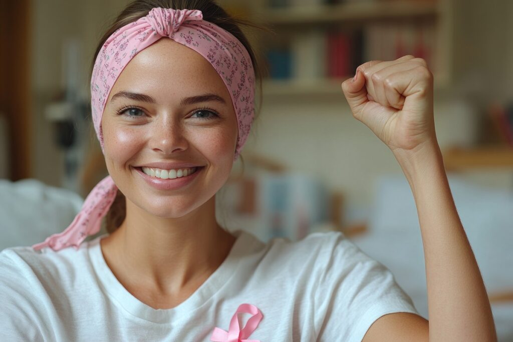 Mulher sobrevivente de câncer de mama triplo-negativo segurando laço rosa com expressão de esperança e vitória
