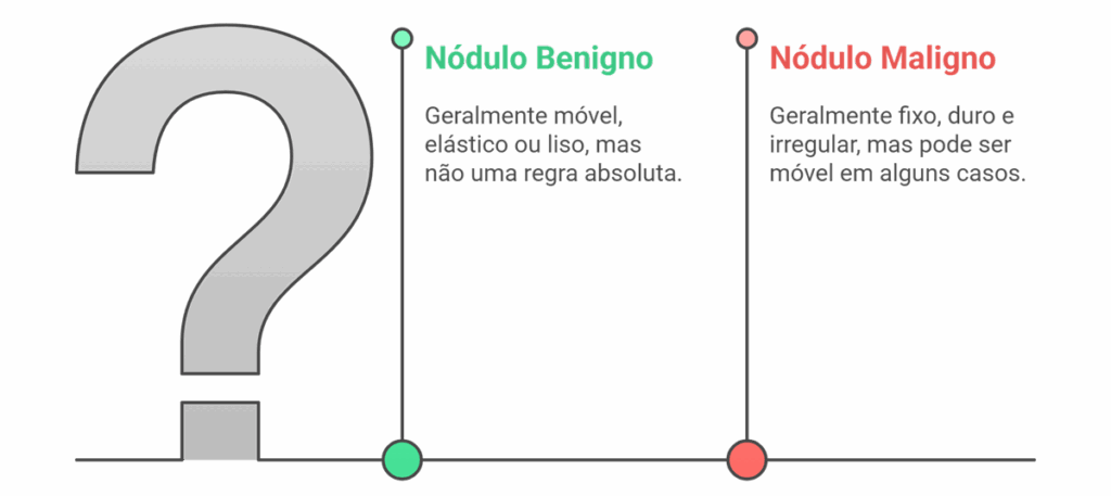 Fluxograma comparativo das características de um nódulo mamário benigno versus maligno. Mostra que nódulos benignos são geralmente móveis e lisos, enquanto os malignos são geralmente fixos, duros e irregulares.