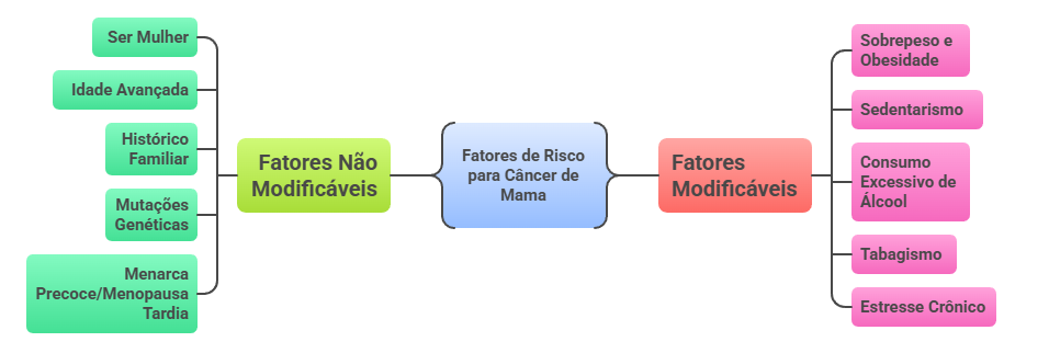 Diagrama de fatores de risco para câncer de mama divididos em não modificáveis (gênero, idade, genética) e modificáveis (peso, sedentarismo, álcool, tabagismo, estresse)