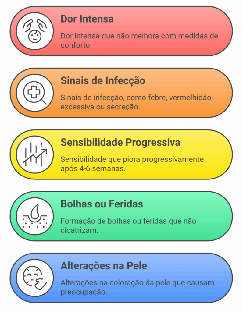 Fluxograma listando 5 sinais de alerta para buscar orientação médica após radioterapia: dor intensa, sinais de infecção, sensibilidade progressiva, bolhas ou feridas e alterações na pele.