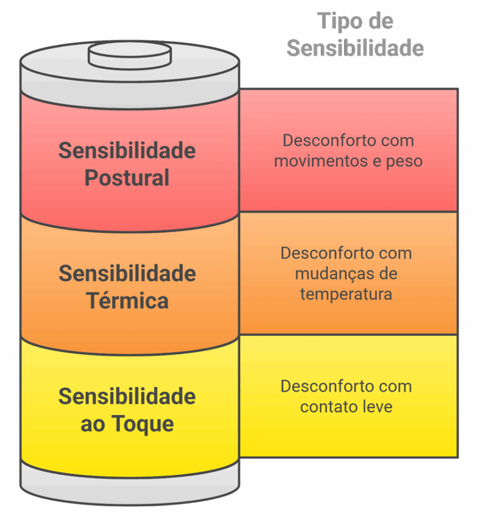 Tabela com os 3 tipos de sensibilidade mamária pós-radioterapia: ao toque, térmica e postural, com exemplos de cada desconforto.