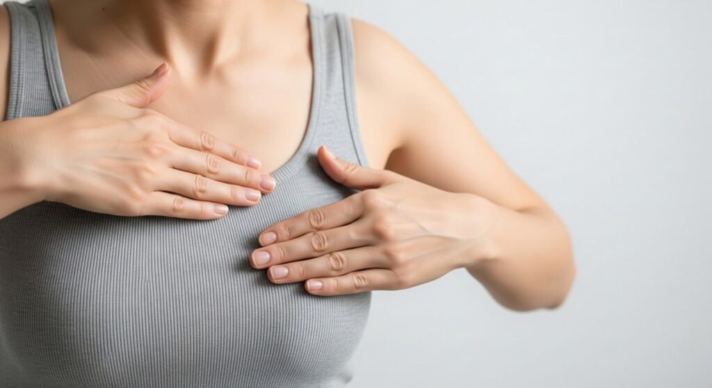 Mulher jovem realizando com calma o autoexame de mama em casa, vestindo camiseta cinza. Imagem de capa para artigo sobre saúde mamária, prevenção e autoconhecimento.