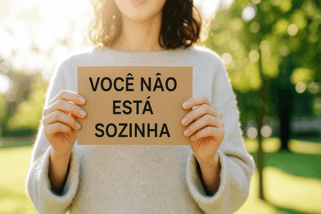 Mulher segurando uma placa com os dizeres " Você Não Está Sozinha ", simbolizando apoio e comunidade após o câncer de mama.