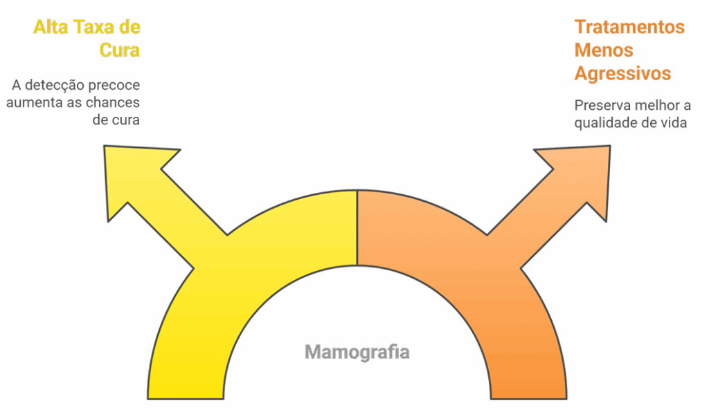 Fluxograma sobre a importância da mamografia para detecção precoce do câncer de mama, mostrando alta taxa de cura e tratamentos menos agressivos.