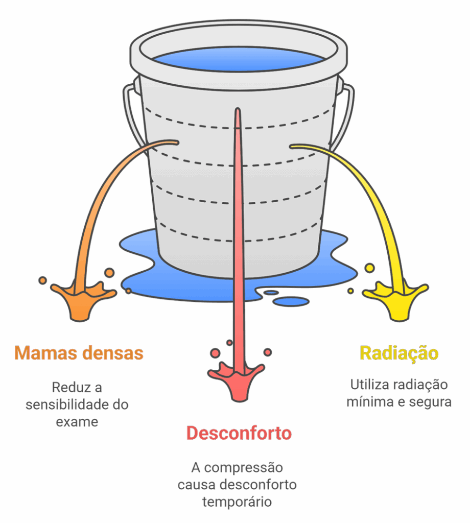 Fluxograma com as limitações da mamografia: mamas densas, desconforto na compressão e uso de radiação mínima.