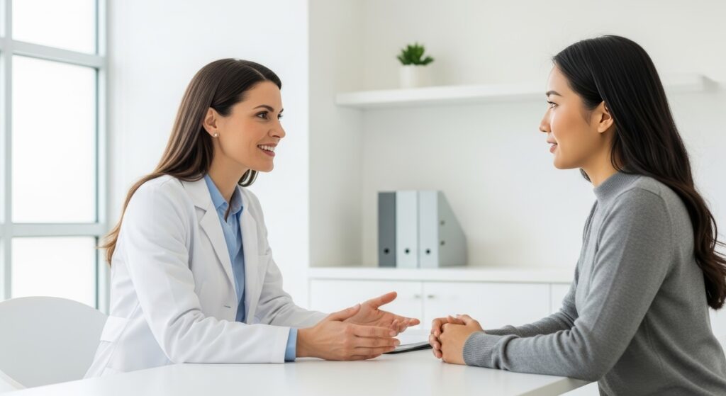 Médica e paciente em conversa empática durante consulta no consultório, representando confiança e cuidado personalizado.