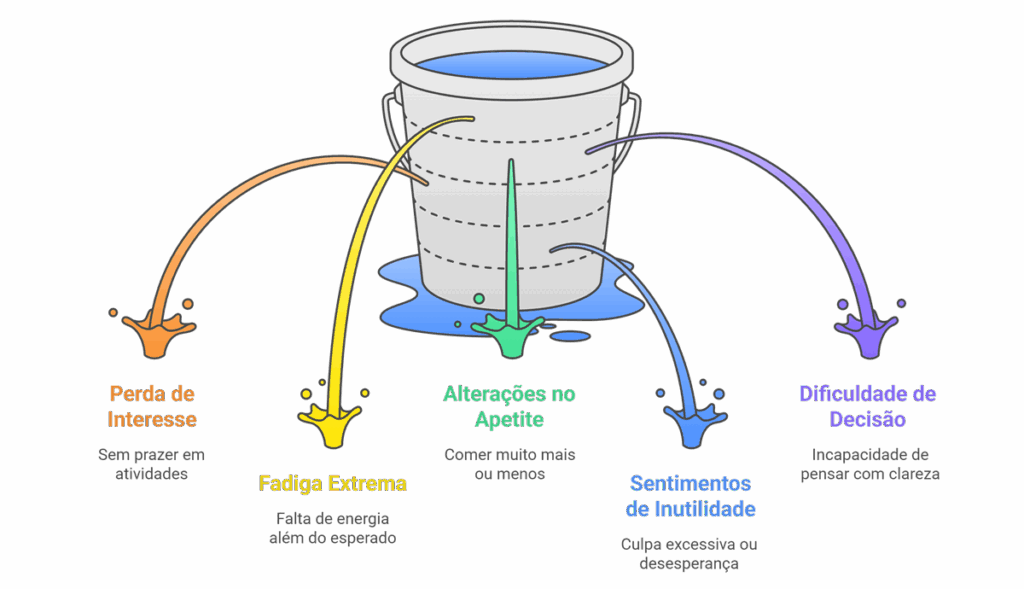 Fluxograma com 5 sinais de depressão em mulheres com câncer de mama, como fadiga extrema e perda de interesse.