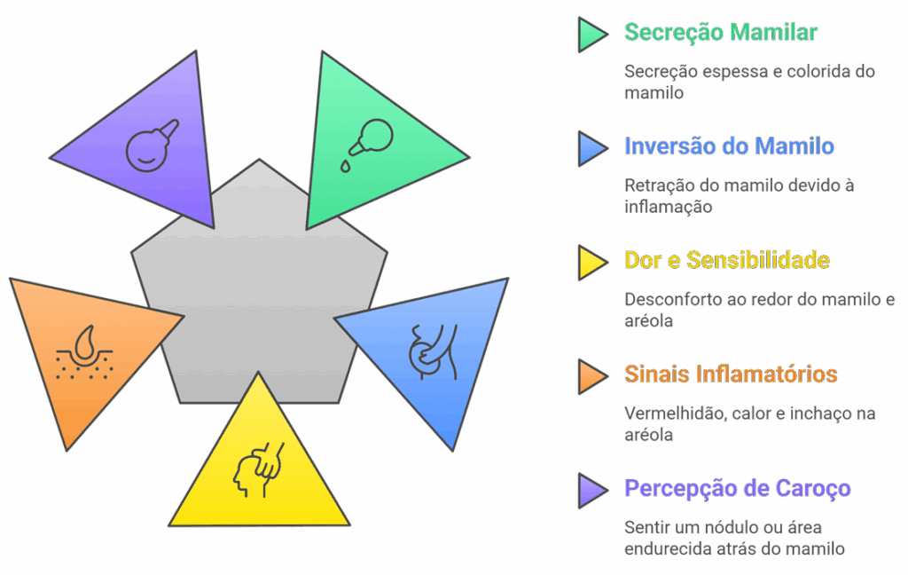 Infográfico listando os principais sinais e sintomas da Ectasia Ductal: secreção mamilar, inversão do mamilo, dor, sinais inflamatórios e percepção de caroço.
