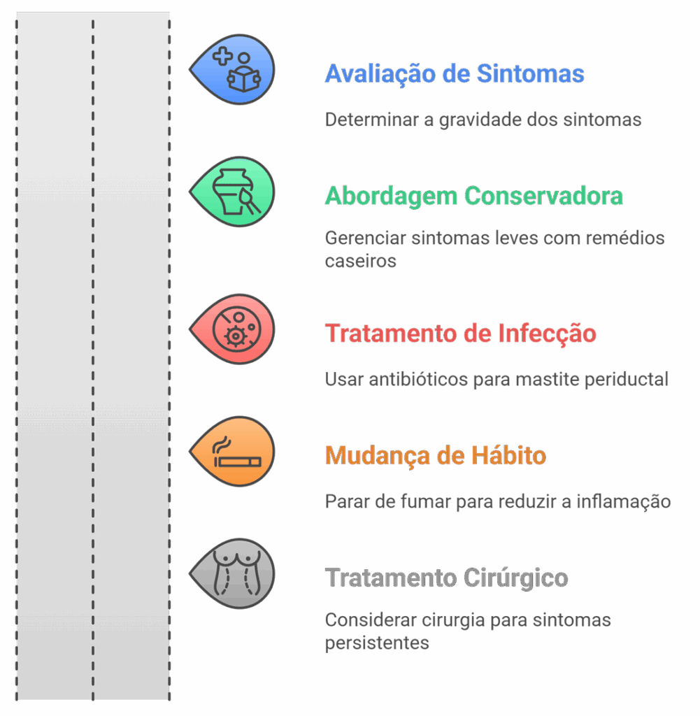 Fluxograma da sequência de tratamento da Ectasia Ductal, desde a avaliação dos sintomas até abordagens conservadoras, tratamento de infecção, mudança de hábitos e, raramente, cirurgia.
