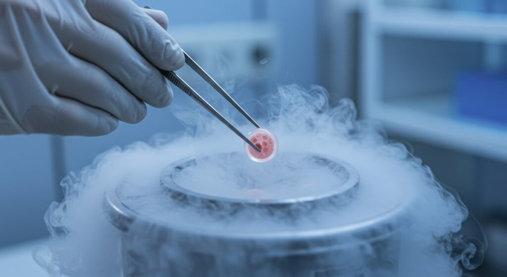 Close-up de uma mão com luva de laboratório segurando uma palheta com um óvulo para o processo de criopreservação ou congelamento de óvulos.