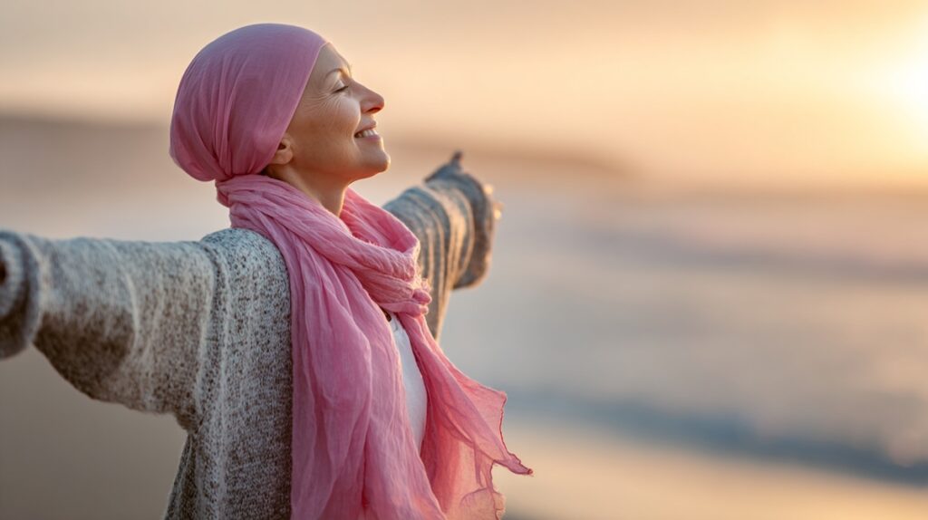 Mulher sobrevivente de câncer de mama celebra a vida com os braços abertos ao nascer do sol, simbolizando esperança e um novo começo após o tratamento.