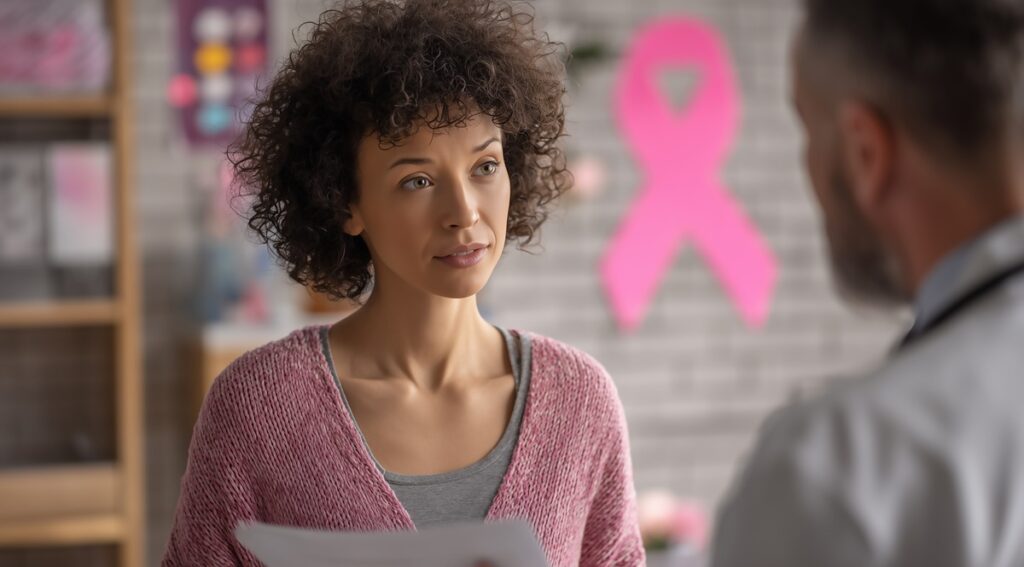 Médico ginecologista e especialista em reprodução humana conversando com uma paciente, mostrando um documento sobre tratamentos de fertilidade.