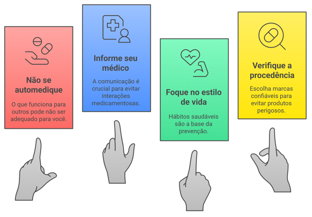 Fluxograma com 4 orientações de segurança para o uso de suplementos na saúde da mama: não se automedicar, informar o médico, focar no estilo de vida e verificar a procedência.