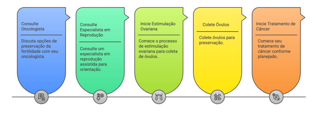 Fluxograma com o passo a passo do processo de preservação da fertilidade antes do tratamento oncológico, desde a consulta com o oncologista até o início da quimioterapia, passando pela estimulação e coleta de óvulos.