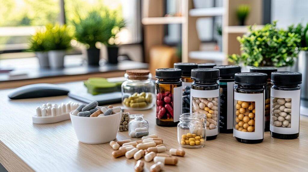 Coleção de potes de suplementos nutricionais, representando o tema de uso consciente e orientado de vitaminas.