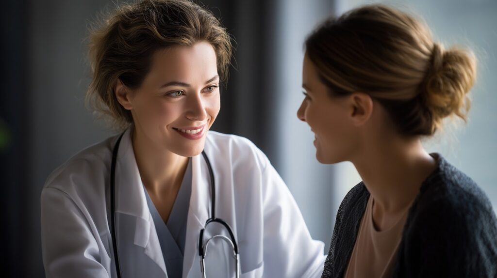 Médica e paciente tendo uma consulta atenciosa e acolhedora em um consultório.
