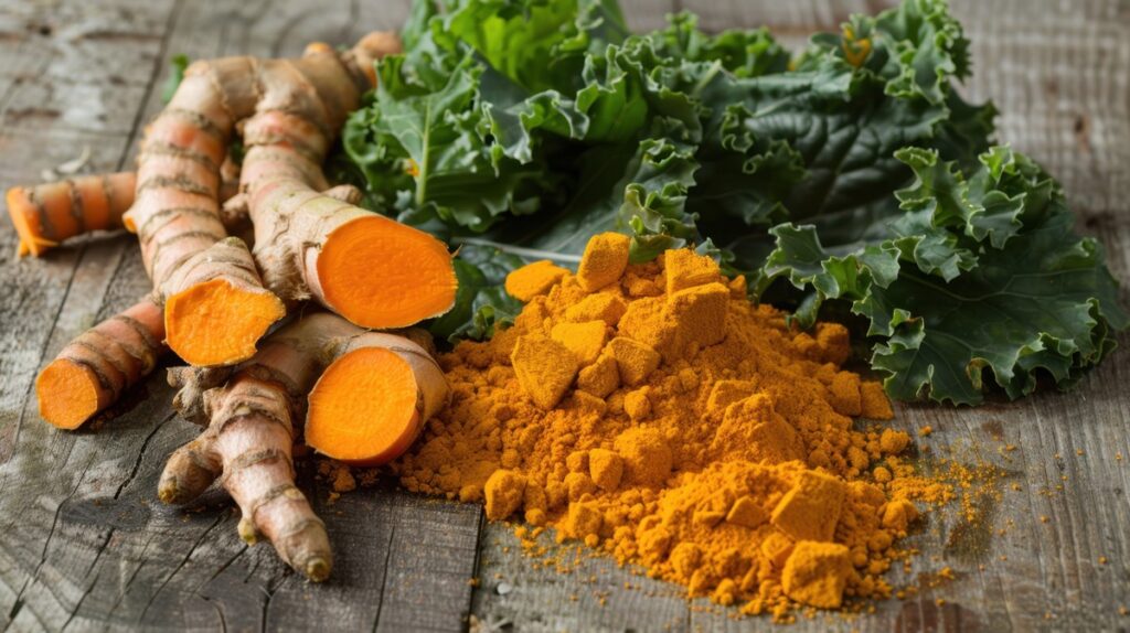 1. Composição de alimentos anti-inflamatórios: salmão, pó de cúrcuma (açafrão-da-terra), folhas verdes escuras, brócolis, frutas vermelhas e azeite.