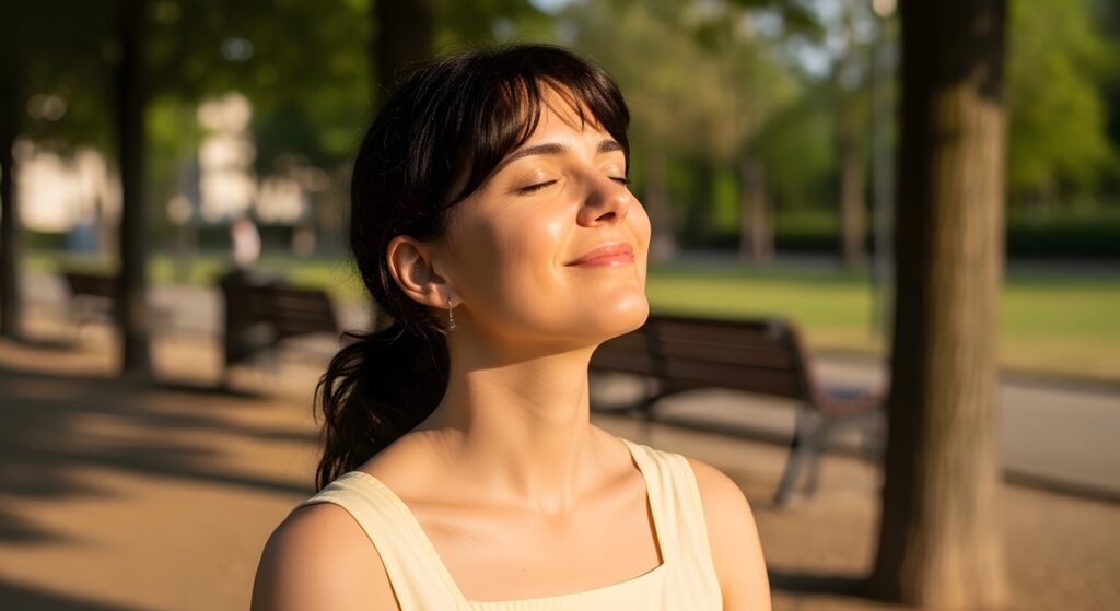Mulher em momento de bem-estar, absorvendo luz solar, que é a principal fonte natural de síntese de vitamina D no organismo.