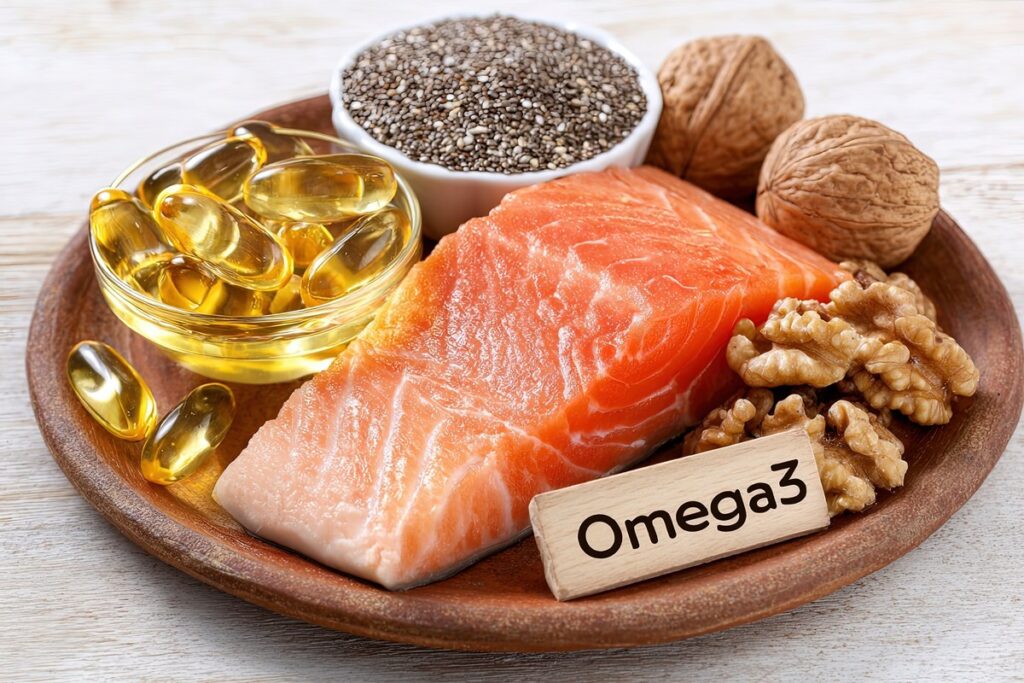 1. Alimentos ricos em ômega-3 dispostos em uma tábua de cerâmica: nozes, semente de linhaça, salmão, abacate e ovos, com uma etiqueta que diz " Omega-3".