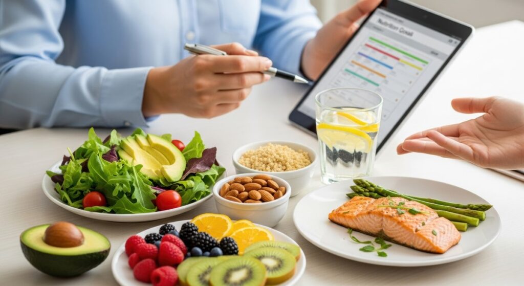 1. Nutricionista em consultório explicando um plano alimentar personalizado para uma paciente, com alimentos saudáveis como salmão e salada sobre a mesa.