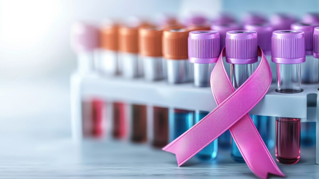 Tubos de ensaio em laboratório com o laço rosa, símbolo da conscientização sobre o câncer de mama.
